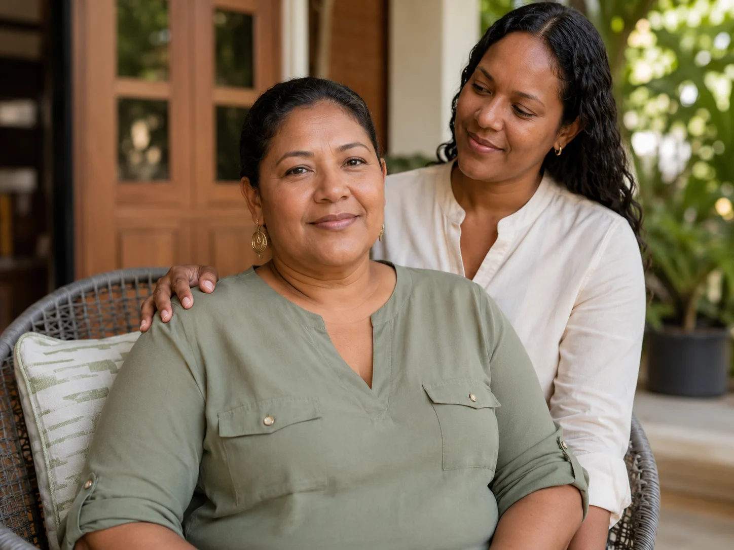 Belizean woman with supportive family in a calm hopeful setting