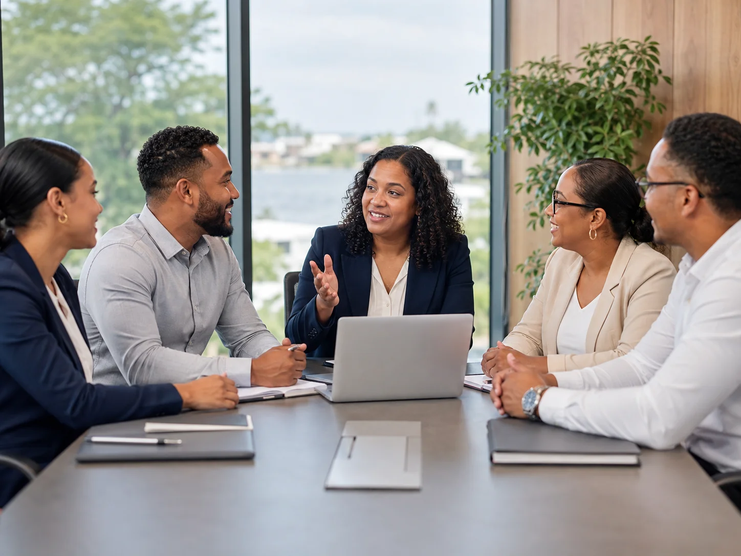 Belizean employees in a professional workplace meeting